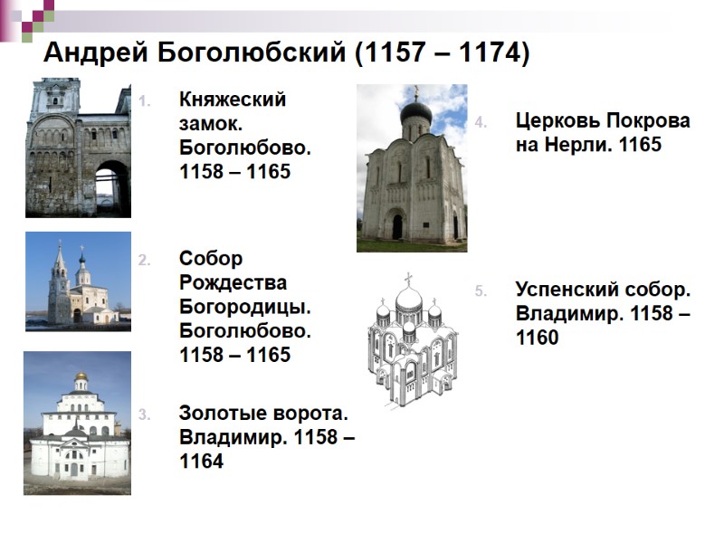 Андрей Боголюбский (1157 – 1174)  Княжеский замок. Боголюбово. 1158 – 1165  